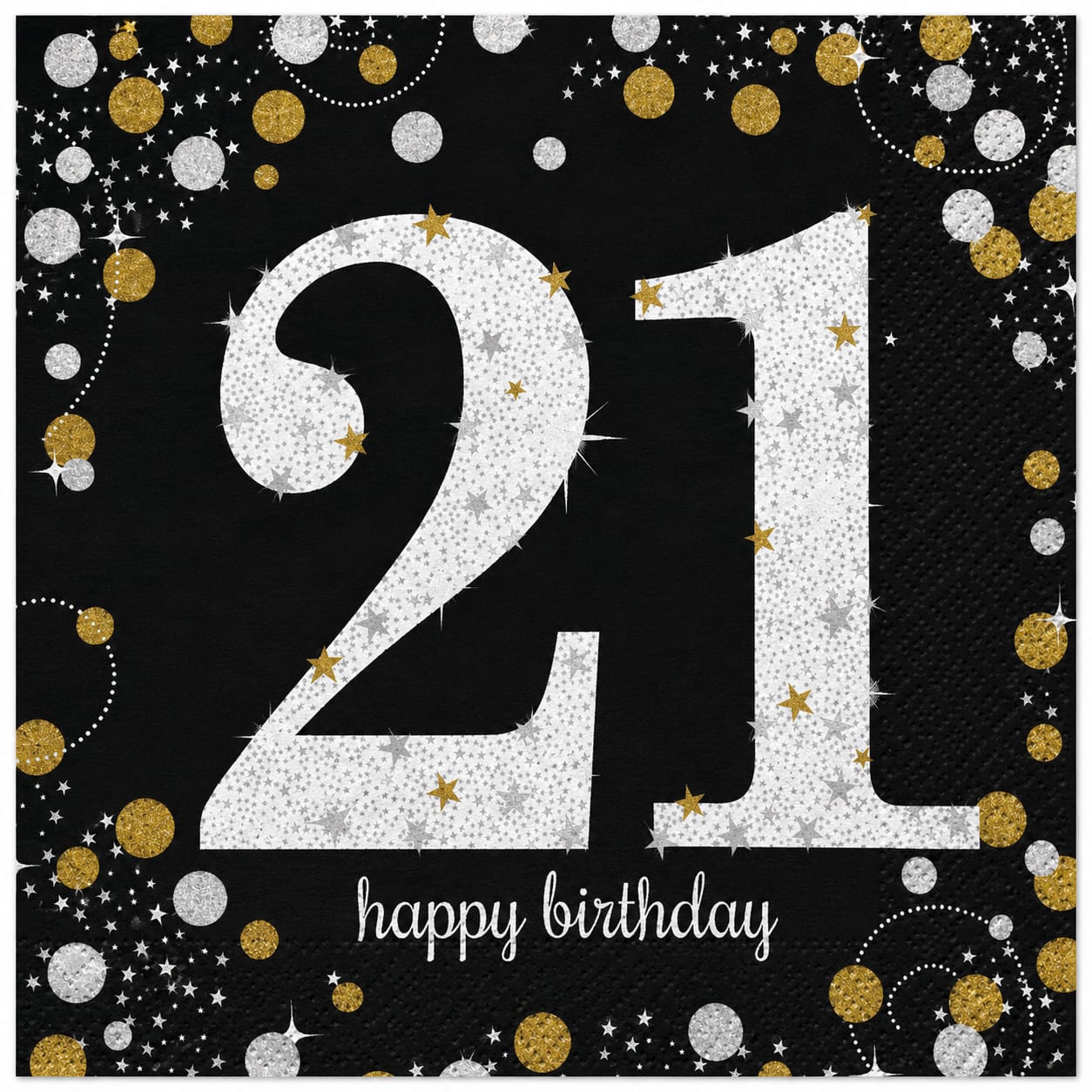 16 Servietten zum 21. Geburtstag in Schwarz, Gold und Silber mit „Happy Birthday“-Motiv – 33 × 33 cm