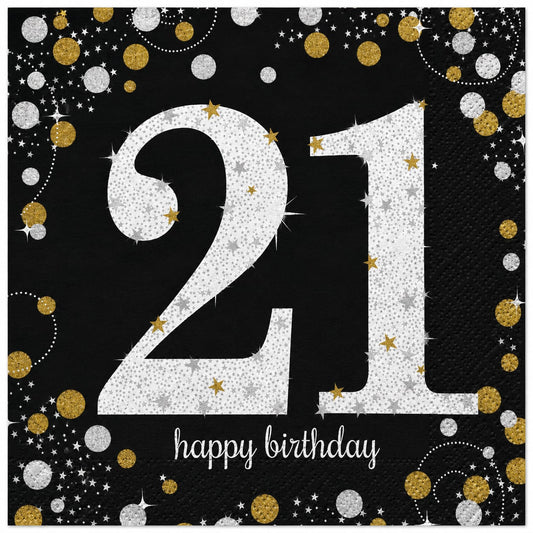 16 Servietten zum 21. Geburtstag in Schwarz, Gold und Silber mit „Happy Birthday“-Motiv – 33 × 33 cm
