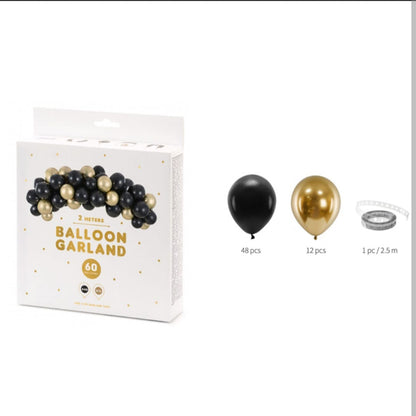 PartyDeco DIY-Ballongirlande Schwarz-Gold (Luftballon-Bogen) -2m(60 Ballons)