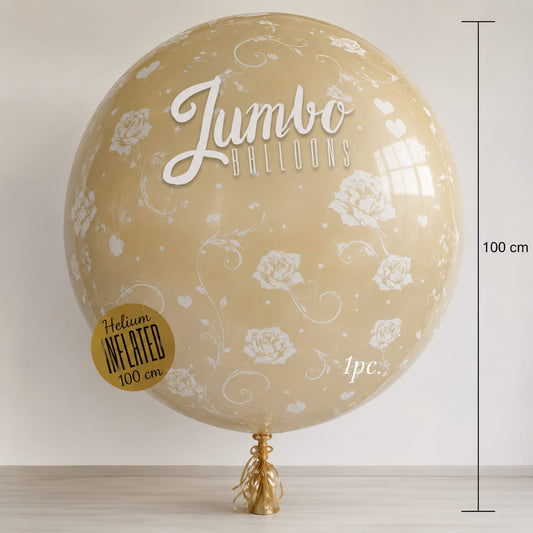 XXL Riesen-Luftballon mit Rosen-Muster – Transparent/Creme (1 Meter)