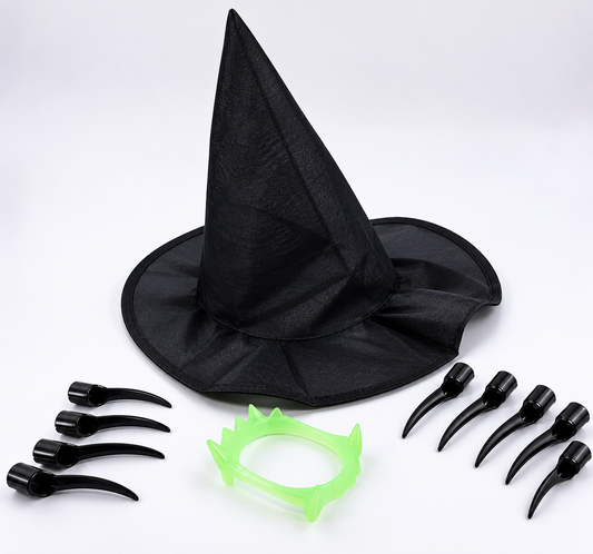 Hexenhut Halloween Set mit Krallenfingernägel & Vampirgebiss